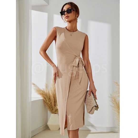 Beige Bodycon Dress Tie Overlapping Side Midi Sleeveless Leg Slit - Picture 5 of 10